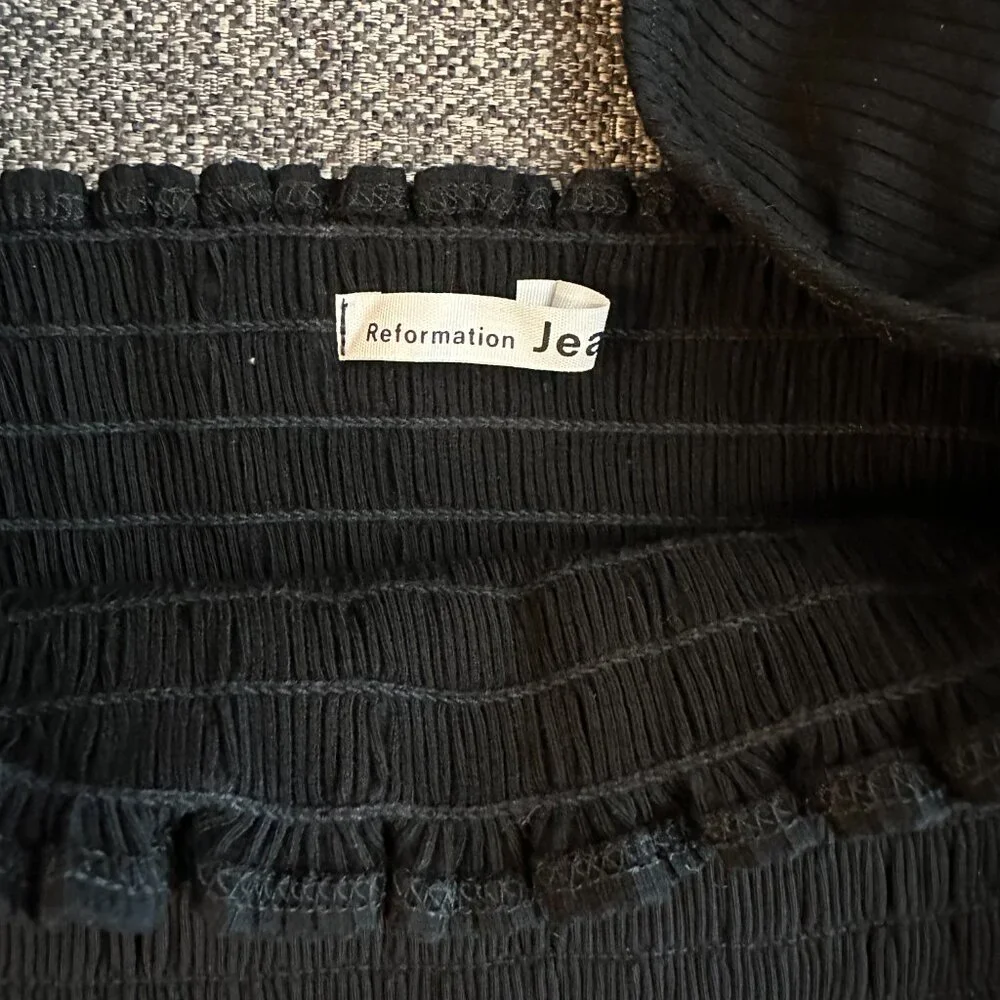 Reformation Black Smocked Long-Sleeve Square Neck Top